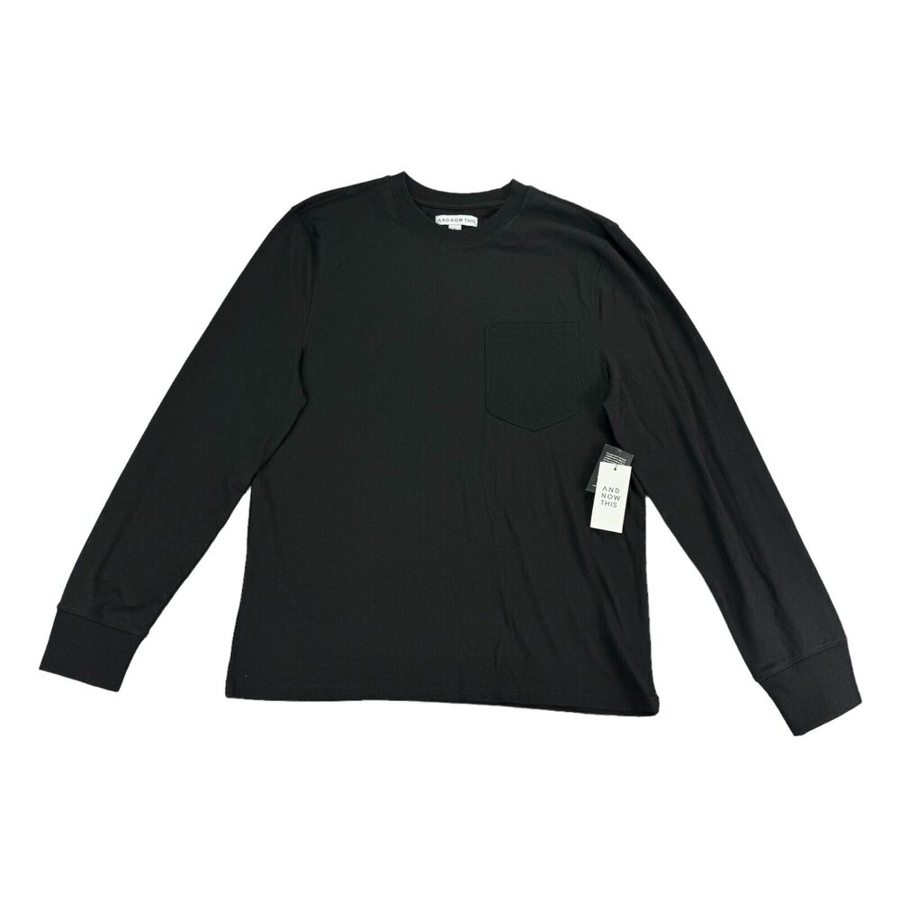 And Now This Mens Solid Pocket Long Sleeve Crewneck T-Shirt Jet Black M